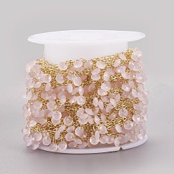 Pink Handmade Glass Beaded Chains, Soldered, with Spool, Brass Chain, Long-Lasting Plated, Golden, Pink, 4x2mm, about 32.8 Feet(10m)/roll
