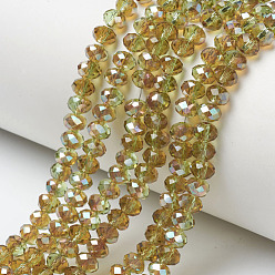 Dark Khaki Electroplate Glass Beads Strands, Half Plated, Rainbow Plated, Faceted, Rondelle, Dark Khaki, 6x5mm, Hole: 1mm, about 85~88pcs/strand, 16.1~16.5 inch(41~42cm)
