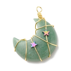Green Aventurine Natural Green Aventurine Copper Wire Wrapped Pendants, with Electroplate Non-magnetic Star Synthetic Hematite, Golden, Moon, 41~43x35x11mm, Hole: 3~3.5mm