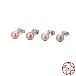 Pink Valentine Presents for Her 925 Sterling Silver Ball Stud Earrings, with Pearl Beads, Pink, 16x4.5mm, Pin: 0.6mm