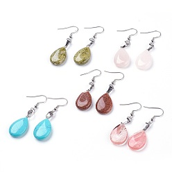 Mixed Stone Natural & Synthetic Mixed Gemstone Dangle Earrings, with 304 Stainless Steel Earring Hooks, teardrop, 55~57mm, Pin: 0.6mm