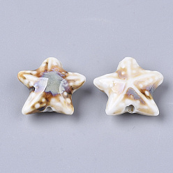 Linen Handmade Porcelain Beads, Fancy Antique Glazed Porcelain, Starfish/Sea Stars, Linen, 19~20x20.5~22.5x7.5~8.5mm, Hole: 2mm