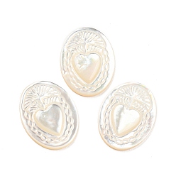 White Natural Sea Shell Cabochons, Oval with Engraved Heart, White, 20x15x2.3~2.5mm