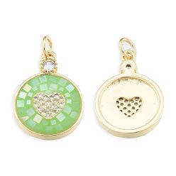 Light Green Natural Abalone Shell/Paua Shell Pendants, with Brass Micro Pave Clear Cubic Zirconia Findings and Jump Rings, Dyed, Nickel Free, Real 18K Gold Plated, Flat Round with Heart Charm, Light Green, 19.5x14x3.5mm, Jump Rings: 5mm in diameter, 1mm thick, 3mm inner diameter
