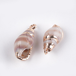 Seashell Color Electroplate Spiral Shell Pendants, with Iron Findings, Light Gold, Seashell Color, 16~20x8~9x7~8mm, Hole: 1.5mm