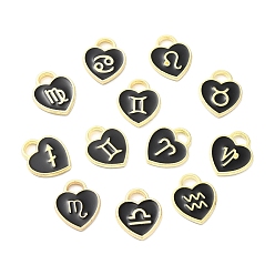 Black Alloy Enamel Charms, Golden, Heart with Twelve Constellations Charm, Black, 14.5x12x1.8mm, Hole: 3.5x2.5mm