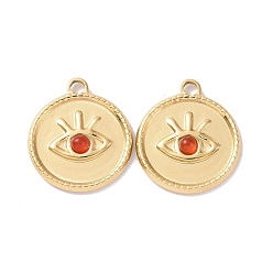 Carnelian Natural Carnelian Pendants, with Ion Plating(IP) Real 18K Gold Plated 304 Stainless Steel Findings, Flat Round Charm with Eyes, 21x18.5x3mm, Hole: 2.5mm