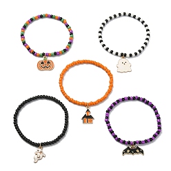 Mixed Color 5Pcs 5 Style Glass Seed Beaded Stretch Bracelets Set, Pumpkin & Bat & Ghost Alloy Enamel Charms Stackable Bracelets for Halloween, Mixed Color, Inner Diameter: 2-1/4 inch(5.7cm), 1Pc/style