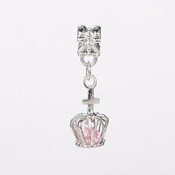 Pink Alloy Glass Bead Large Hole European Dangle Charms, Crown, Platinum, Pink, 31mm, Hole: 5.5mm