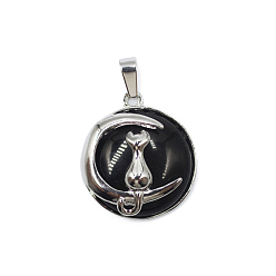 Black Stone Natural Black Stone Pendants, Moon Charms, with Platinum Plated Alloy Cat Shape Findings, 28x24mm