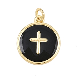 Черный Латунь эмаль подвески, с целью перехода в кольце, плоские круглые с поперечными прелести, без свинца и без кадмия, долговечный, реальный 18 k позолоченный, стойки покрытие, чёрные, 16.5x14x1.5 мм, отверстие : 2.5 мм