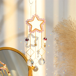 Flamingo Star Quartz Crystal Dyed Hanging Suncatcher Pendant Decoration, Crystal Ball Prism Pendants, with Brass & Iron Findings, Flamingo, 300mm