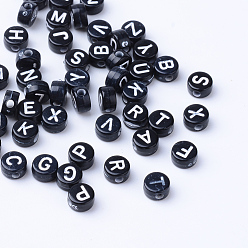 Letter Craft Acrylic Horizontal Hole Letter Beads, Flat Round, White, Mixed, 6~7x3.5~4mm, Hole: 2mm, about 3600pcs/500g