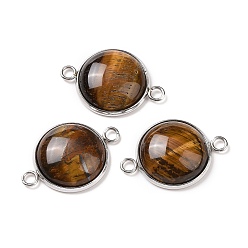 Tiger Eye Natural Tiger Eye Connector Charms, Half Round Links, with Stainless Steel Color Tone 304 Stainless Steel Findings, 18x25.5x7mm, Hole: 2mm