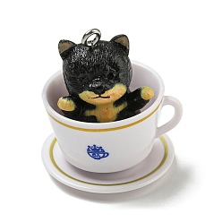 Black Opaque Resin Puppy Pendants, Cute Dog in Tea Cup Charms, with Platinum Tone Iron Loops, Black, 31~32.5x28x26mm, Hole: 2mm