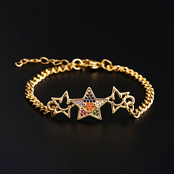 02 18K Gold Plated Copper Star Charm Bracelet with Colorful Zircon Stones - Fashionable Women's Jewelry