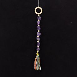 Amethyst Natural Amethyst Chip Pendant Decorations, Wood Ring and Tassel for Home Hanging Decorations, 410x40mm