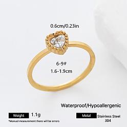 Сердце 304 из нержавеющей стали кристалл горный хрусталь палец кольца, разнообразные, широкая полоса кольца, золотые, сердце, 6 мм, 16~19 мм