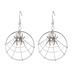 Platinum Spider Alloy Dangle Earrings, with Brass Earring Pins, Platinum, 59x36mm