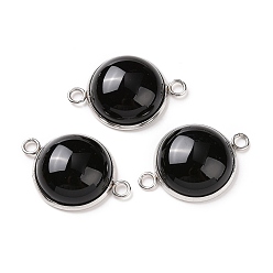 Black Agate Natural Black Agate Connector Charms, Half Round Links, with Stainless Steel Color Tone 304 Stainless Steel Findings, 18x25.5x7mm, Hole: 2mm