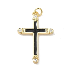 Черный Латунные микро проложить кубического циркония подвески, с эмалью, крест прелести, долговечный, без кадмия и без свинца, стойки покрытие, реальный 18 k позолоченный, чёрные, 33x21x2.5 мм, Перейти кольцо: 5x1 мм, внутренний диаметр: 3 мм
