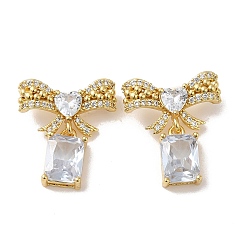 Clear Rack Plating Real 18K Gold Plated Brass Bowknot with Rectangle Dangle Stud Earrings, with Cubic Zirconia and Rhinestone, Long-Lasting Plated, Lead Free & Cadmium Free, Clear, 20.5x18.5mm