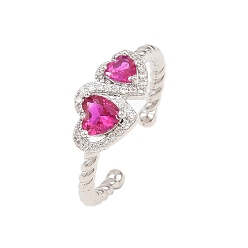 Фиолетовый Латунные микропаве кубические цирконии манжеты открытые кольца для женщин, сердце, стойки покрытие, долговечный, без кадмия и без свинца, платина, фиолетовые, размер США 7 1/4 (17.5 мм)