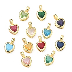 Couleur Mélangete Pendentifs en verre, charme coeur, avec crémaillère en laiton, sans cadmium et sans plomb, plaqué longue durée, facette, couleur mixte, 12x7.5x3.5mm, Trou: 3x2.5mm