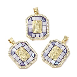 Синий Латунные микро проложить кубического циркония подвески, с эмалью и ракушкой, долговечный, без свинца и без кадмия, реальный 18 k позолоченный, прямоугольник с Девой Марией, синие, 23.5x18x3 мм, отверстие : 5x3.5 мм