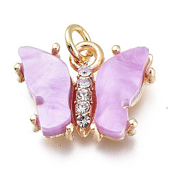 Medium Purple Brass Micro Pave Clear Cubic Zirconia Pendants, with Resin and Jump Rings, Long-Lasting Plated, Butterfly Shape, Flower Pattern on Back, Golden, Medium Purple, 13x17x3.5mm, Hole: 3mm