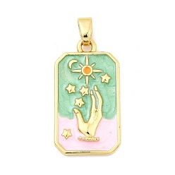 Светло-зеленый Латунь эмаль подвески, прямоугольник, солнце, рука и звезда, стойки покрытие, долговечный, без кадмия и без свинца, золотые, светло-зеленый, 28.5x15.5x2.5 мм, отверстие : 5.5x3.5 мм