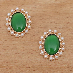 Green Retro Alloy Cabochons, with Imitation Cat Eye and Pearl, Oval, Light Gold, Green, 28x23mm