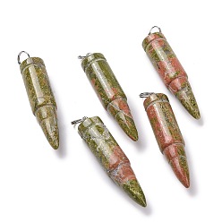 Unakite Natural Unakite Pointed Pendants, with 201 Stainless Steel Split Rings, Bullet, Stainless Steel Color, 42~46x10mm, Hole: 5mm