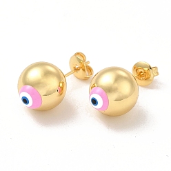 Pearl Pink Enamel Evil Eye Stud Earrings, Real 18K Gold Plated Brass Ball Post Earrings for Women, Pearl Pink, 12mm, Pin: 0.7mm