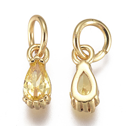 Yellow Brass Micro Pave Cubic Zirconia Charms, with Jump Ring, Long-Lasting Plated, Real 18K Gold Plated, Faceted, Teardrop, Yellow, 8x3x3mm, Hole: 3mm