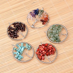 Mixed Stone Natural & Synthetic Gemstone Big Pendants, with Platinum Plated Brass Findings, Flat Round with Tree of Life, 53~56x48~51x8mm, Hole: 4mm