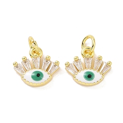 White Real 18K Gold Plated Brass Micro Pave Cubic Zirconia Pendants, with Enamel and Jump Ring, Evil Eye Charms, White, 10x12x3mm, Hole: 3.5mm