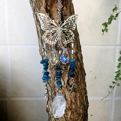 Apatite Metal Hollow Butterfly Hanging Ornaments, Natural Apatite Chip and Glass Teardrop Tassel Suncatchers for Home Outdoor Decoration, 210~230mm