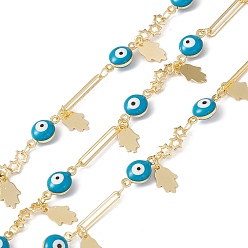 Deep Sky Blue Enamel Evil Eye & Ova & Star Link Chains, with Brass Hamsa Hand Charms, Real 18K Gold Plated, Soldered, Long-Lasting Plated, with Spools, Deep Sky Blue, 15x2.5x0.8mm, 12x6.5x4.5mm, 11x5x1.2mm