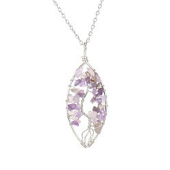 Amethyst Natural Amethyst Chips Beaded Horse Eye with Tree Pendant Necklaces, with Platinum Brass Chains, 20.08 inch(51cm)