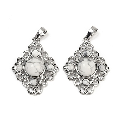 Говлит Природные подвески Говлит, ромбовидные подвески с латунной фурнитурой, стойки покрытие, платина, 35.5x27x7.5 мм, отверстие : 8.5x4.5 мм