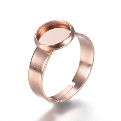 Rose Gold Adjustable 201 Stainless Steel Finger Rings Components, Pad Ring Base Findings, Flat Round, Rose Gold, Tray: 8mm, 17.5mm