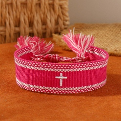 Deep Pink Cross Embroidered Tassel Cloth Woven Braid Bracelet, Deep Pink, Inner Diameter: 2-1/8~2-5/8 inch(5.5~6.8cm)