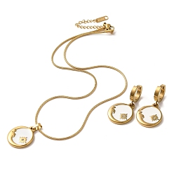 White Moon & Flower Golden 304 Stainless Steel Jewelry Set with Enamel, Dangle Hoop Earrings and Pendant Necklace, White, Necklaces: 402mm; Earring: 35x18mm