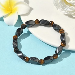 Желтый Круглый природных тигровый глаз браслеты простирания, с магнитными синтетическими немагнитными синтетическими гематитовыми бусинами и эластичным шнуром, 50 мм