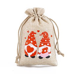 Gnome Valentine's Day Printed Burlap Drawstring Pouches, Red, Rectangle, Gnome, 15x10cm