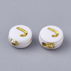 Letter J Plating Acrylic Beads, Golden Metal Enlaced, Horizontal Hole, Flat Round with Alphabet, White, Letter.J, 7x3.5mm, Hole: 1.2mm, about 3600pcs/500g
