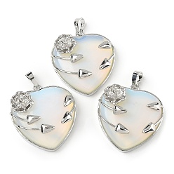 Опал Опалитовые сердечные подвески, латунные цветочные обертки для любви, платина, 35x32x11.5 мм, отверстие : 8x5 мм