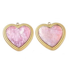Бледно-Розовый 304 подвески из нержавеющей стали смолы, сердце прелести, реальный 18 k позолоченный, вакуумное покрытие pvd, долговечный, розовый жемчуг, 35x36x6 мм, отверстие : 2 мм