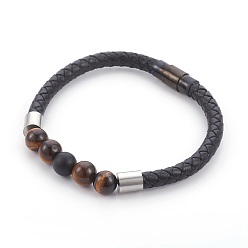 Tiger Eye Men's Natural Tiger Eye Bracelets, with Leather Cord, 304 Stainless Steel Finding, 8-1/2 inch(21.5cm), 6mm